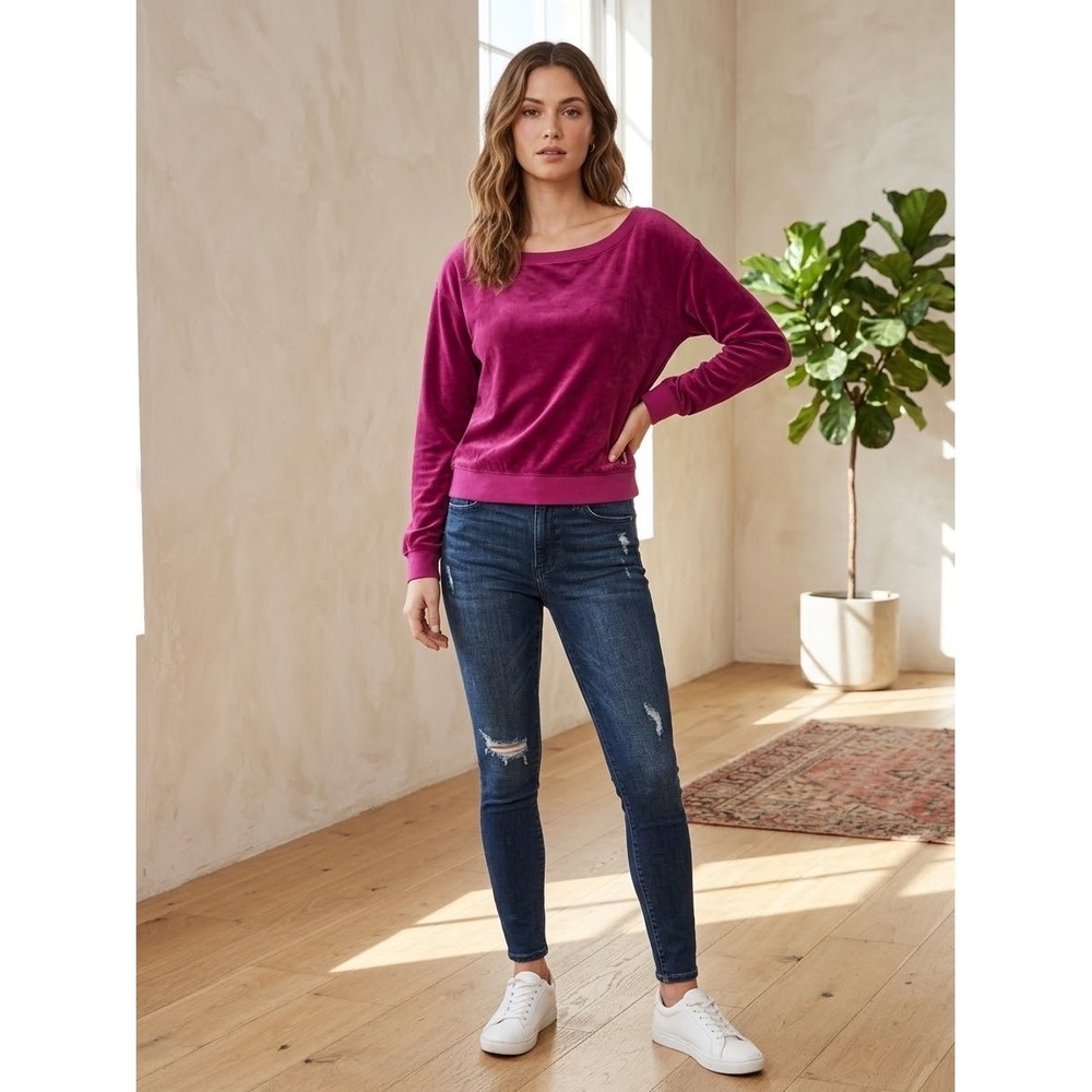 Juicy Couture Magenta Velour Boatneck Pullover Sweatshirt JGS01037 Medium